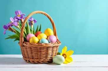 Wicker basket brimming with colorful easter eggs and spring flowers