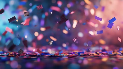 Colorful confetti falls gracefully, creating a festive atmosphere filled with vibrant hues and sparkling lights.