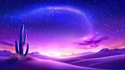 Naklejka premium Desert landscape at night with cactus and starry sky
