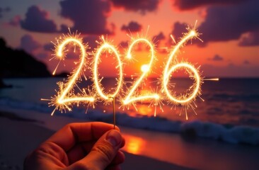 Hand holding sparklers forming 2026 on tropical beach at sunset