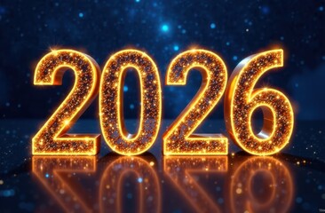 2026 golden sparkling numbers reflecting on dark blue background