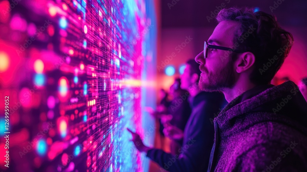 Poster man interacts with large, colorful interactive digital display screen