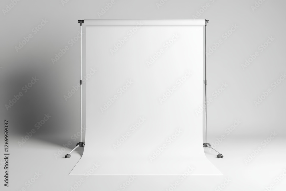 Poster a standalone white roll-up banner stand mockup set against a light gray backdrop, featuring a subtle