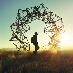 Silhouette of Man with Backpack at Sunset: Modern Exploration of Artistic Landscapes and Urban Geometry