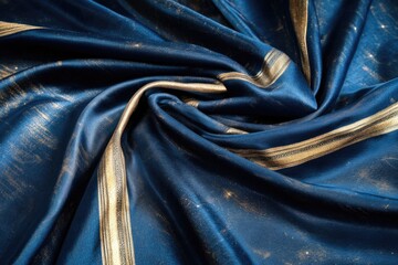 Fototapeta premium Luxurious blue fabric with gold stripes in elegant swirl pattern
