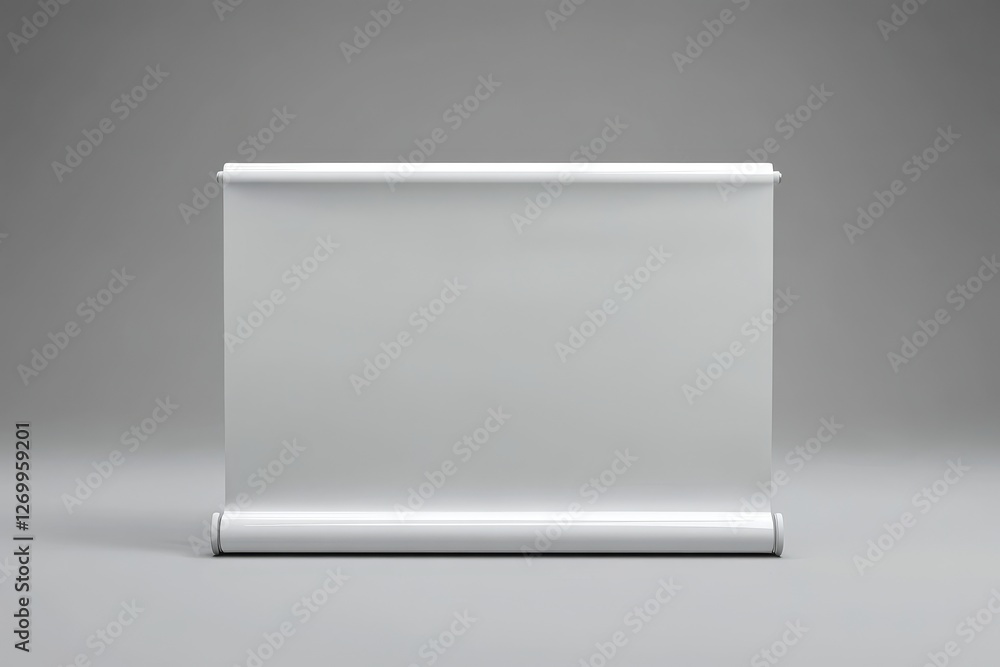 Poster isolated white empty roll up banner stand mockup on a light gray background with a slight shadow, re