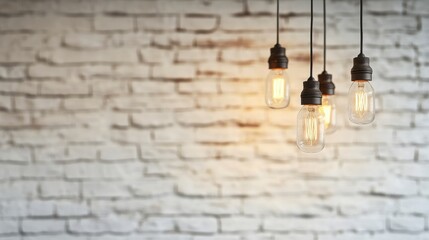 A collection of vintage-style hanging light bulbs illuminating a rustic white brick wall, creating a warm and inviting ambiance.