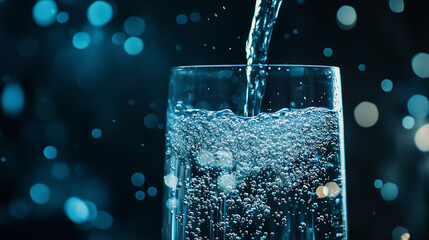 Close-up of sparkling water being poured into a glass with dramatic blue lighting