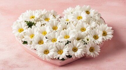 Obraz premium A heart-shaped arrangement of fresh white daisies on a soft pink background, symbolizing love and affection.