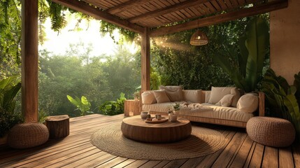 Warm, serene sunlight shines through the contemporary patio shades surrounding the abundant greenery, enhancing the comfort of the outdoor furniture, which invites relaxation