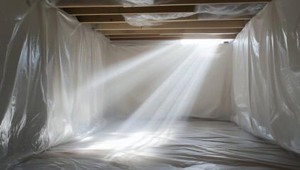 Basement room in construction covered in plastic sheeting with sunlight streaming through an open window