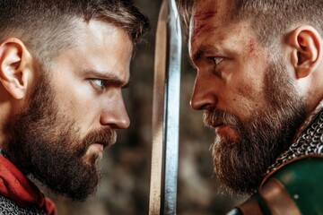 Intense standoff between two caucasian young adult males in medieval armor