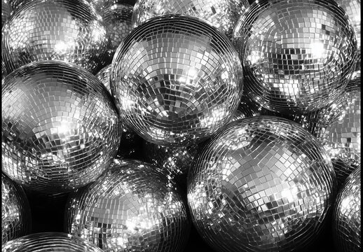 Black and white close-up of multiple disco balls reflecting light, creating a glamorous party atmosphere