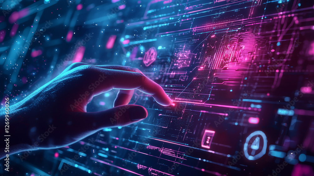 Poster a hand interacts with a vibrant, neonlit holographic interface displaying complex data and symbols