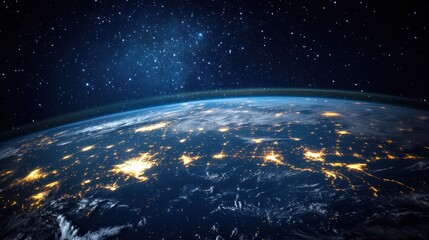 Obraz premium A stunning view of Earth from space at night, showcasing illuminated cities and the curvature of the planet against a backdrop of twinkling stars.