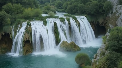 Obraz premium Stunning Waterfall Cascading Through Lush Forest - A Breathtaking Natural Wonder