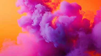 Fototapeta premium A vibrant explosion of colorful smoke swirls in shades of pink and purple against a warm orange backdrop, creating a dynamic and energetic visual display.