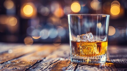Golden Hour Indulgence Whiskey in a Tumbler on Rustic Wood, Background for Drinks Menu or Blog