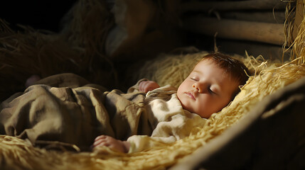 A peaceful, warm-toned image of a baby wrapped in cloth, lying in a manger with soft lighting