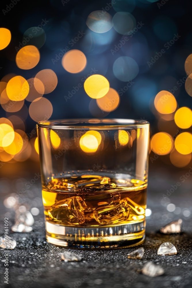 Poster glass of amber liquor with ice on a stone surface with a blurred background and copy space.
