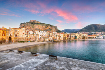 Fantastic evening cityscape of Cefalu city. Popular travel destination of Mediterranean sea.
