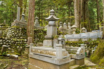 The steles of the Okunoin cemetery in Koya San in Asia, Japan, Kansai, Koya, in summer, on a sunny day.