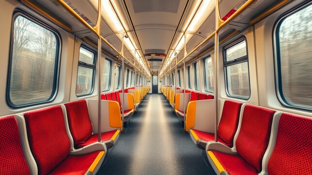Empty interior inside of the public transport train or subway / metro.