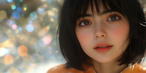 Portrait of a woman with short hair and a colorful bokeh background with soft and warm lights. Generated with AI