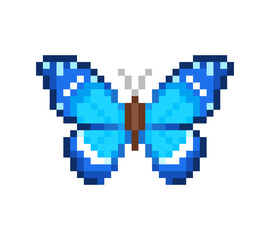 Blue Morpho Butterfly in perfect Pixel Art isolated from white background - editable pixelated vector illustration 