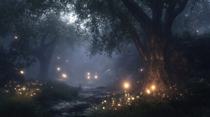 A serene enchanted forest scene with glowing orbs illuminating the pathway, surrounded by lush greenery and misty ambiance.