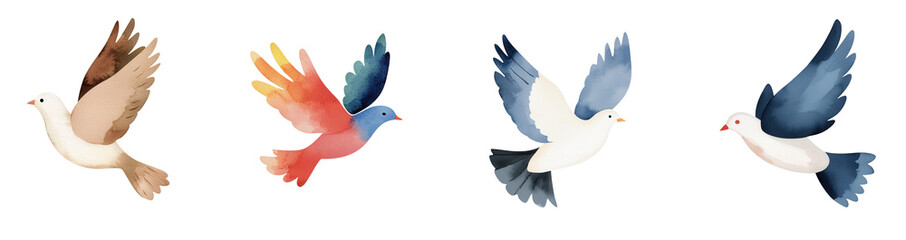Obraz premium Flying birds in watercolor style, showcasing various colors and designs, isolated on transparent background.