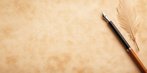 Vintage writing theme with quill and fountain pen on abstract background for creative design