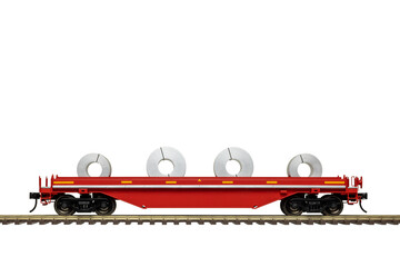 A Red Railroad Uncovered Steel Coil Car On Track