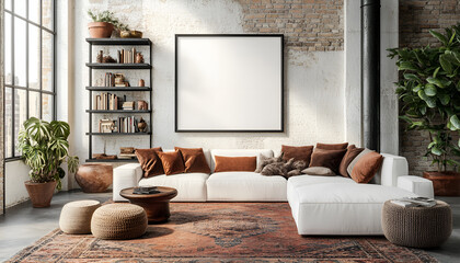 Elegant modern living room with natural light and cozy textiles in urban loft