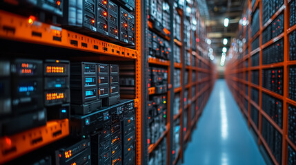 Data center with rows of servers illuminating the aisles in a tech facility at nighttime