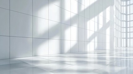 Bright, minimalistic interior space with large windows casting shadows on white tiled floor, creating a serene and modern ambiance.