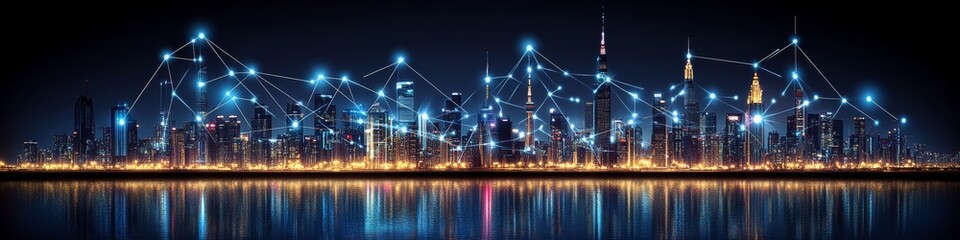 Connected Cityscape Urban Skyline Aglow with Digital Network at Night Reflecting in Water