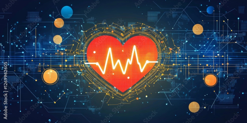 Aufkleber digital heartbeat monitor, graphic with red heart and pulse line on a circuit board background
