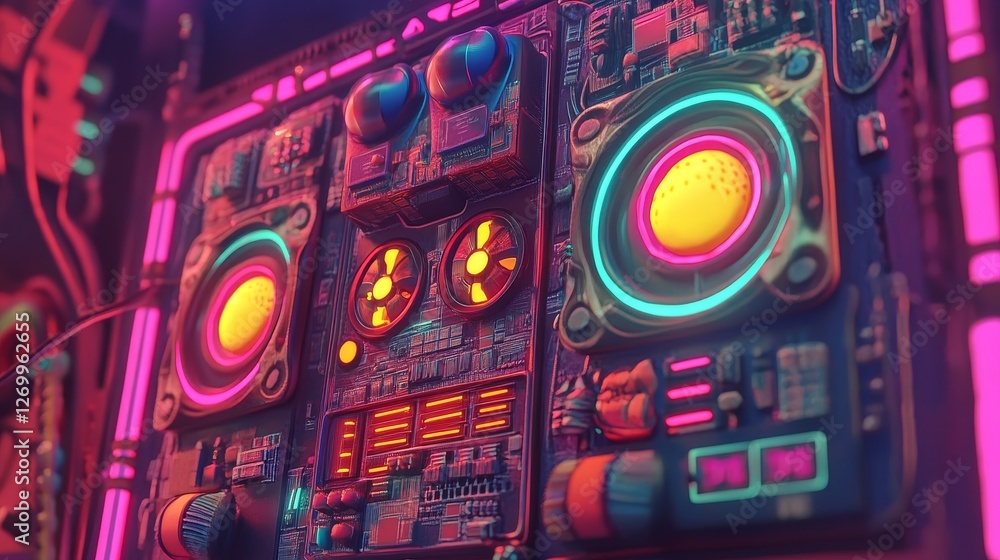 Poster stock image of a gaming background with abstract neon sci-fi themes cyberpunk rainbow glowing dynami