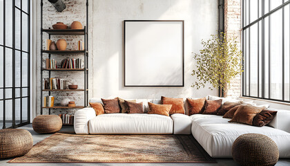 Elegant modern living room with natural light and cozy textiles in urban loft