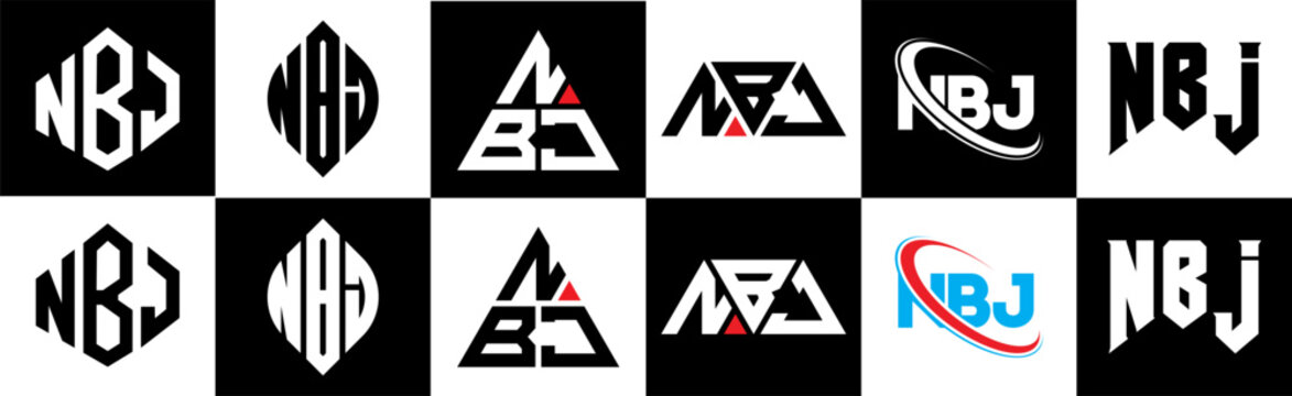 NBJ letter logo design in six style. NBJ polygon, circle, triangle, hexagon, flat and simple style with black and white color variation letter logo set in one artboard. NBJ minimalist and classic logo