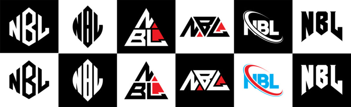 NBL letter logo design in six style. NBL polygon, circle, triangle, hexagon, flat and simple style with black and white color variation letter logo set in one artboard. NBL minimalist and classic logo