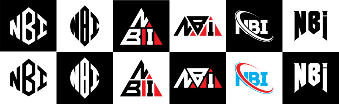 NBI letter logo design in six style. NBI polygon, circle, triangle, hexagon, flat and simple style with black and white color variation letter logo set in one artboard. NBI minimalist and classic logo