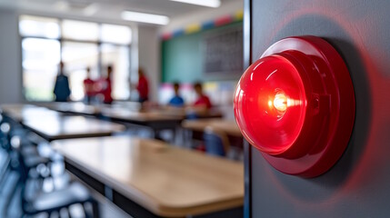 Led alarm siren glowing red on wall for safety and security in classroom