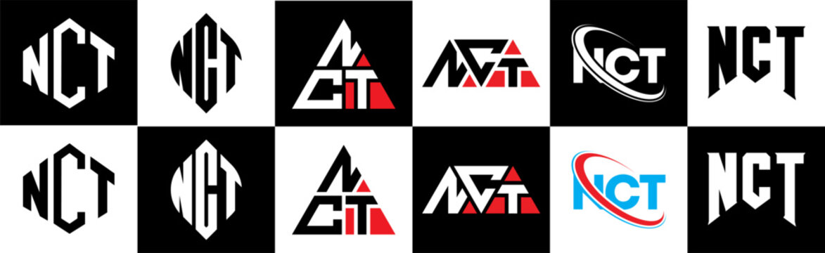 NCT letter logo design in six style. NCT polygon, circle, triangle, hexagon, flat and simple style with black and white color variation letter logo set in one artboard. NCT minimalist and classic logo