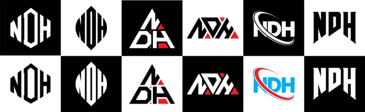 NDH letter logo design in six style. NDH polygon, circle, triangle, hexagon, flat and simple style with black and white color variation letter logo set in one artboard. NDH minimalist and classic logo