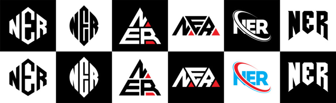 NER letter logo design in six style. NER polygon, circle, triangle, hexagon, flat and simple style with black and white color variation letter logo set in one artboard. NER minimalist and classic logo