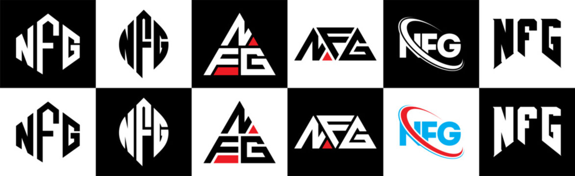 NFG letter logo design in six style. NFG polygon, circle, triangle, hexagon, flat and simple style with black and white color variation letter logo set in one artboard. NFG minimalist and classic logo