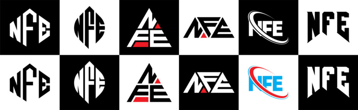 NFE letter logo design in six style. NFE polygon, circle, triangle, hexagon, flat and simple style with black and white color variation letter logo set in one artboard. NFE minimalist and classic logo