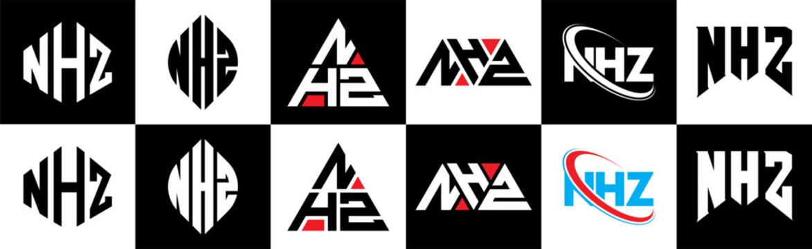 NHZ letter logo design in six style. NHZ polygon, circle, triangle, hexagon, flat and simple style with black and white color variation letter logo set in one artboard. NHZ minimalist and classic logo